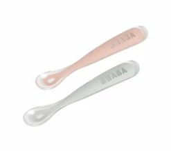 De gros 🔥 BEABA Lot De 2 Cuilleres 1er Âge Silicone Avec Boite De Transport Old Pink Set 👏